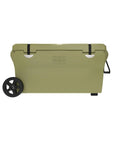 Side view of 111-Quart Desert Tan Tough Cooler With Heavy Duty Wheel Kit Rotomolded Ice Chest For Hunting Fishing And Camping With Elite Thermal Retention Made In USA