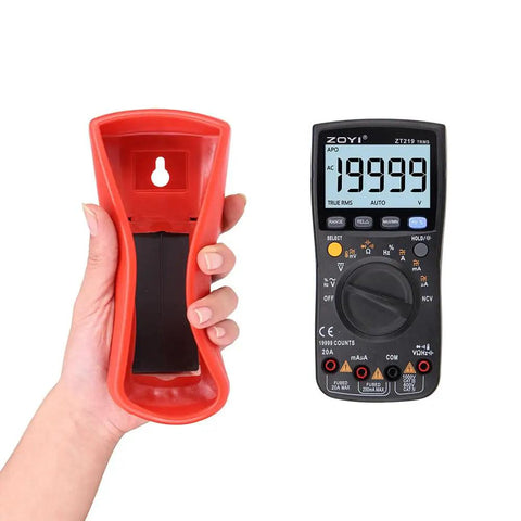 Do It All True RMS Digital Multimeter With 19999 Counts showing backlit display and protective red case in hand