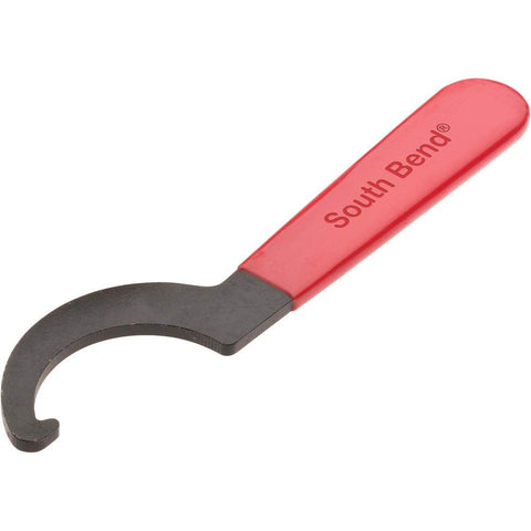 Red spanner wrench tool for Keyless R8 Chuck For Lathe, One Thirty Second To Five Eighths Inch Capacity, steel body, angled view.