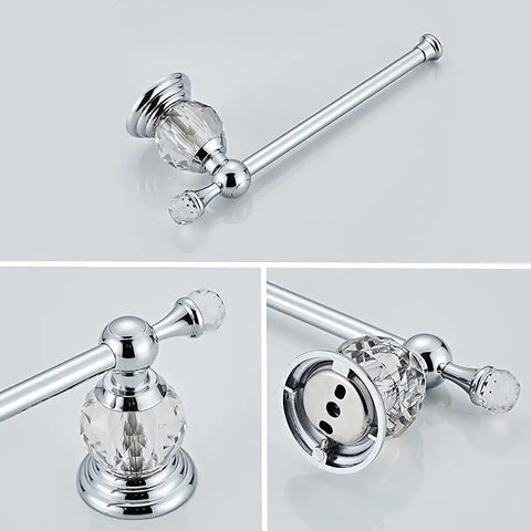 Crystal Chrome Bathroom Accessory Set for Your Modern Pad with 24 Inch Towel Bar in polished silver, featuring zinc alloy mount.