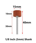 Set Of 50 Rotary Grinding Stones With 1/8 Inch Shank For Rotary Tools Aluminum Oxide Abrasive Mounted Bits For Sharpening, Grinding And Sanding 15mm Grinding Points, showing dimensions of a T-shaped stone.