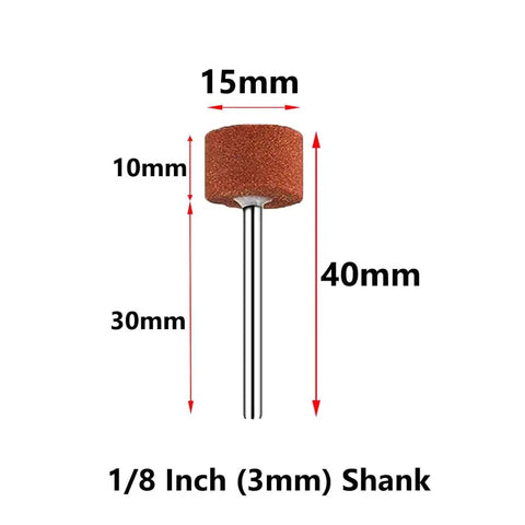 Set Of 50 Rotary Grinding Stones With 1/8 Inch Shank For Rotary Tools Aluminum Oxide Abrasive Mounted Bits For Sharpening, Grinding And Sanding 15mm Grinding Points, showing dimensions of a T-shaped stone.