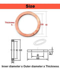 DIY Copper And Stainless Gasket Kit Set 2-10 Pcs Sealing Shim Ring Assortment For M10 To M27 Sump Plugs For Quick DIY Fixes And Washers Heavy Duty Hardware Golden Color M14xOD20x1.5 5Pcs size chart showing ID, OD, and thickness of a copper washer
