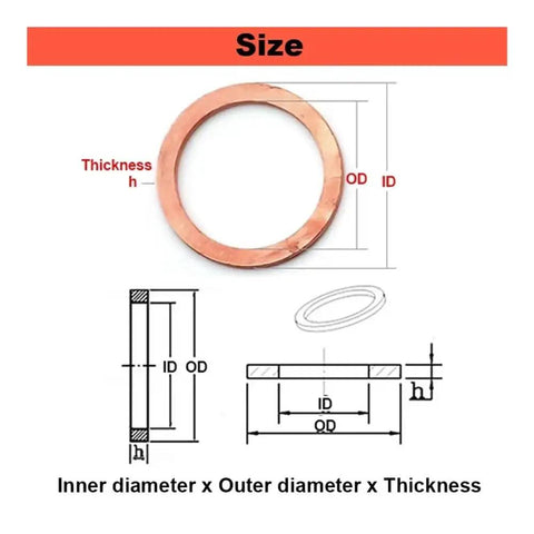 DIY Copper And Stainless Gasket Kit Set 2-10 Pcs Sealing Shim Ring Assortment For M10 To M27 Sump Plugs For Quick DIY Fixes And Washers Heavy Duty Hardware Golden Color M14xOD20x1.5 5Pcs size chart showing ID, OD, and thickness of a copper washer