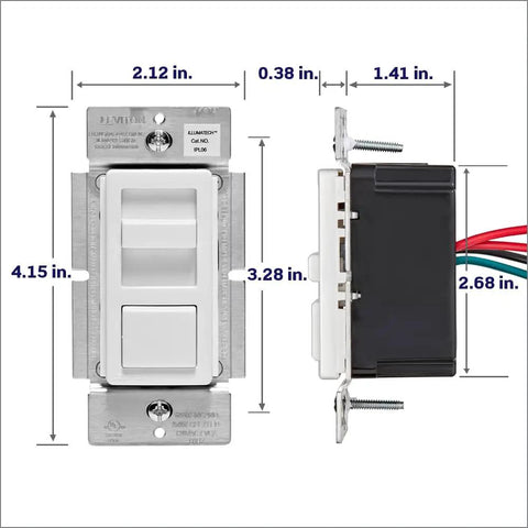 IllumaTech Dimmer Switch for Dimmable LED, Halogen and Incandescent Bulbs IPL06-10Z front and side views with dimensions
