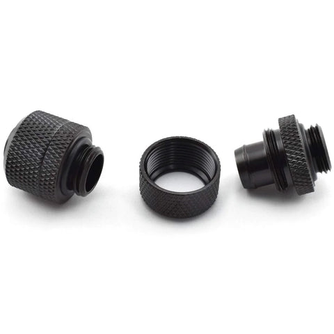 Three-piece black compression fittings for PC water cooling; G1/4 to 3/8 in ID, 1/2 in OD for soft tubing.