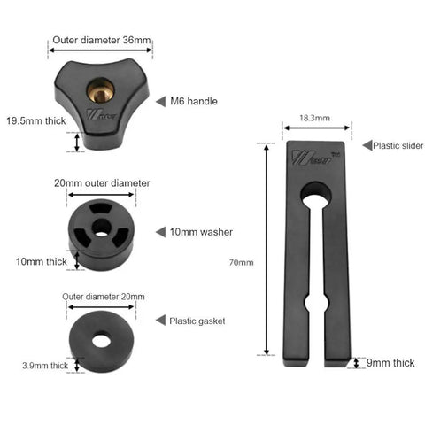 Solid Double Feather Board Extension Kit 6.3 Inch For Miter Gauge Slots includes M6 handle, washer, slider, and gasket.