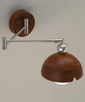 Swing Arm Wall Sconce, Modern Wood Lamp Bedside Reading Bedroom with a chrome arm and wooden dome shade.