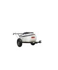 Tow-Behind Garden Sprayer With 15 Gallon Tank, 30 Inch Boom, angled view showcasing wheels and hitch attachment