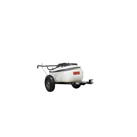Tow-Behind Garden Sprayer With 15 Gallon Tank, 30 Inch Boom, angled view showcasing wheels and hitch attachment