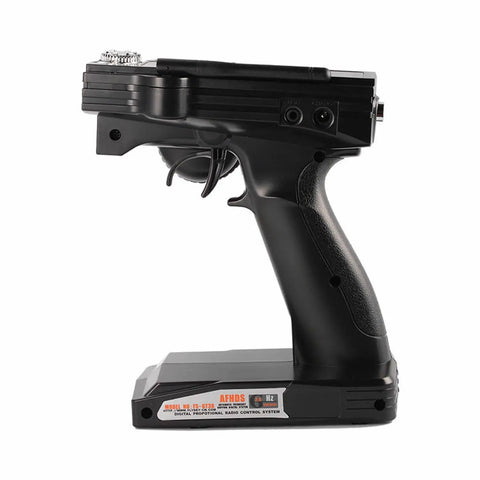 Side view of Three Channel Two Four GHz RC Transmitter with FS GR3E Receiver for Cars Boats Trucks and Crawlers AFHDS Digital System