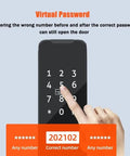 High Tech Fingerprint Electronic Smart Door Lock Keyless Entry Handle with Virtual Password touch screen displaying virtual password access.