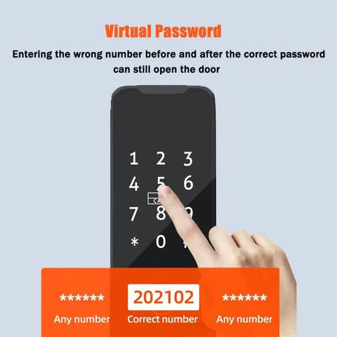 High Tech Fingerprint Electronic Smart Door Lock Keyless Entry Handle with Virtual Password touch screen displaying virtual password access.