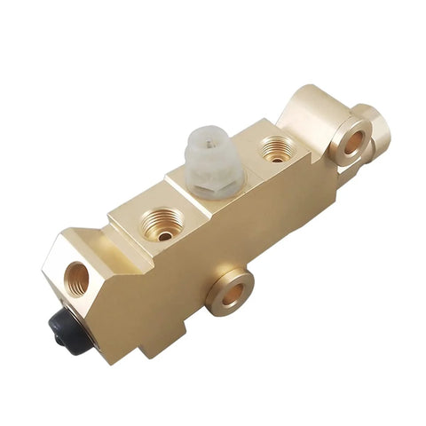 Brass PV2 brake proportioning valve with multiple threaded ports and connector, angled front view