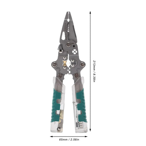 Kickass 12 In 1 Wire Stripper And Crimper Pocket Multitool Pliers with built-in voltage tester, showing size and features for heavy-duty use.