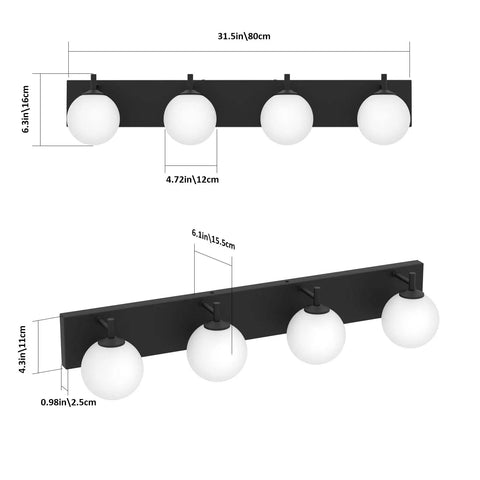Slick Matte Black 4 Lights Bathroom Vanity Light Fixtures With Milky Glass Globes, side and front views, dimensions labeled