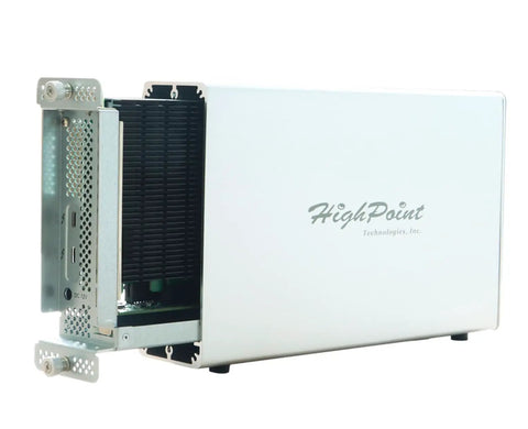 Straight Fire Four M2 Nvme Raid Enclosure With Thunderbolt 3 showing side view with detailed openings for connectivity.