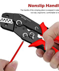 No Sweat Ratcheting Wire Crimping Tool With Auto Release Handle And Chrome Moly Jaws for open barrel terminals held in hand.