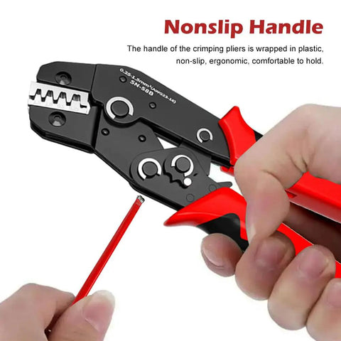 No Sweat Ratcheting Wire Crimping Tool With Auto Release Handle And Chrome Moly Jaws for open barrel terminals held in hand.