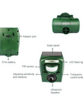 Solar Ultrasonic Animal Repellent With Motion Sensor Waterproof IP65 Outdoor Pest Deterrent, green plastic unit front and back view