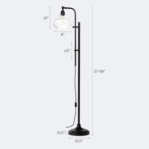 Tall Industrial LED Floor Lamp With Adjustable Head And Rustic Glass Teardrop Shade, Black Finish, Mid Century Modern Style For Living Room