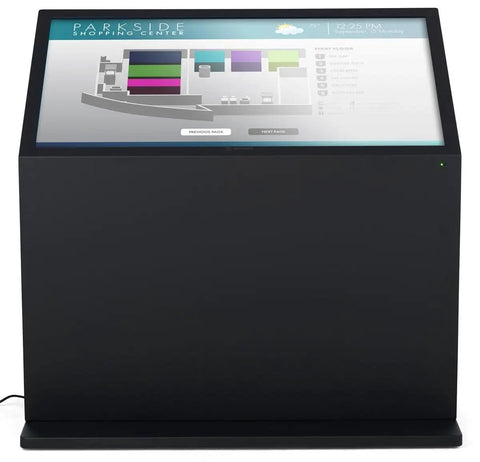 Top Shelf 49 Inch Interactive Touchscreen Kiosk With Smooth Ten Point Capacitive Panel and Rock Solid Android 11 Engine displaying a map.