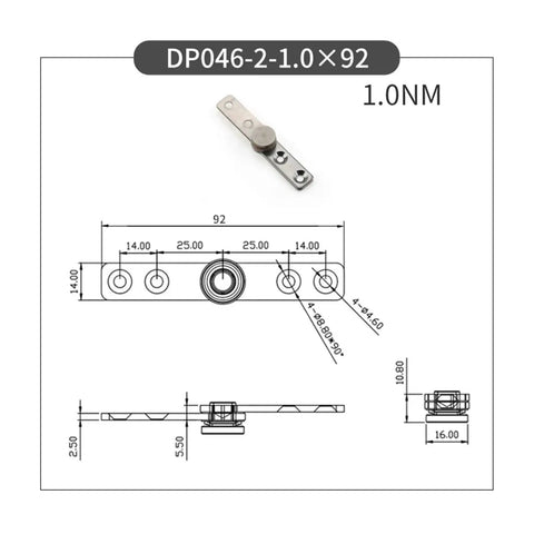 Technical drawing of stainless steel concealed hinge with constant torque damping and 360 degree rotating shaft positioning.