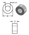 Built Tough Mild Steel Spacer One Inch Outer Diameter Round Standoff Bushing Unthreaded Plain Finish Inside Diameter One Half Inch Fits Half Inch Bolts Or M12 Half Inch Long Five Pack For Durable Metalwork And DIY Hardware Projects. 1" OD, 1/2" ID mild steel spacer diagram