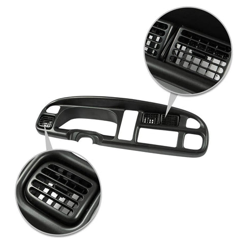 Dash board bezel cover for Dodge Ram 1998–2002; black plastic with vented openings (Amazon)