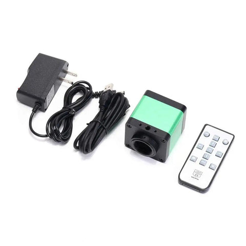 48MP C Mount Digital Microscope Camera for PCB Soldering And DIY Repair, with HDMI USB Live View, power adapter, and remote control