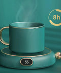 Electric Coffee Mug Warmer Keeps Your Daily Brew Nice And Toasty All Day Long A Total Desk Game Changer Perfect For Hot Cocoa Tea Coffee Soup And Ceramic Mugs, teal mug on warmer with display showing 55C.