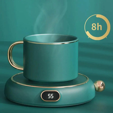 Electric Coffee Mug Warmer For Desk Keep Those Sips Straight Up Piping Hot With This Zero Fuss Plate Heater For Coffee Tea Cocoa Milk And Soup In Bold Red Or Green, teal mug on heater with temperature display.
