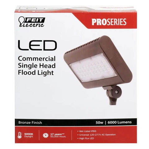 Bronze 50W 6000 Lumens LED Flood Light With Adjustable Head IP65 Wet Rated Die Cast Aluminum Housing Polycarbonate Lens Towin Driver Commercial Grade Outdoor Floodlight