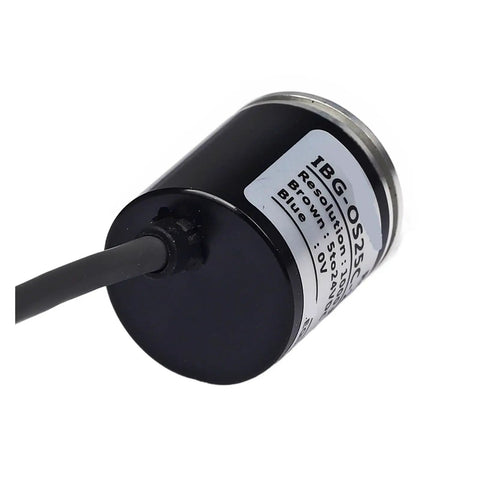 Close-up of 25mm Rotary Incremental Encoder E6A2 with 4mm Solid Shaft Magnetoelectric Type 100 PPR for precision motion control.