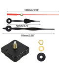 Silent Clock Movement Replacement Kit For Beginners And Adults, showing black ABS mechanism and clock hands with dimensions.