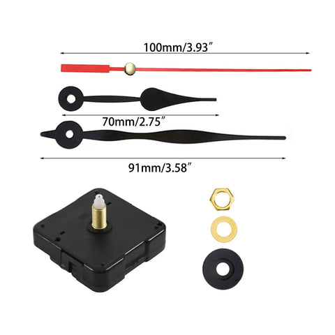Silent Clock Movement Replacement Kit For Beginners And Adults, showing black ABS mechanism and clock hands with dimensions.