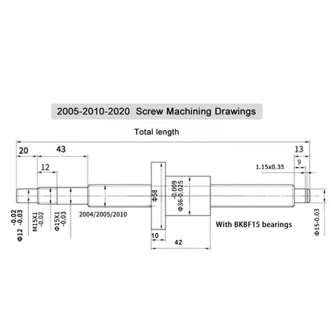 2005-2010-2020 Screw Machining Drawings with dimensions for Heavy Duty SFU2010 Ball Screw With Spindle Motor Kit