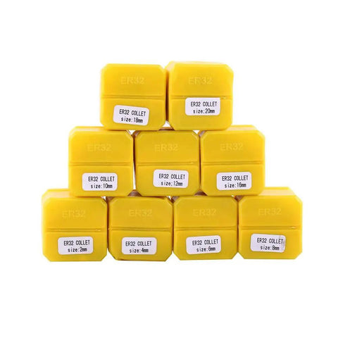 Pro Grade ER32 Spring Collet Set for CNC Workholding and Milling Lathe Machining, yellow boxes labeled with sizes 2-20mm