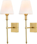 Two Pack Brushed Brass Wall Sconces With Fabric Shade, mounted, gold finish, hardwired for bathroom, hallway, and entryway use.