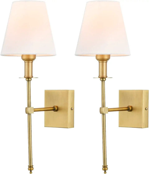 Two Pack Brushed Brass Wall Sconces With Fabric Shade, mounted, gold finish, hardwired for bathroom, hallway, and entryway use.
