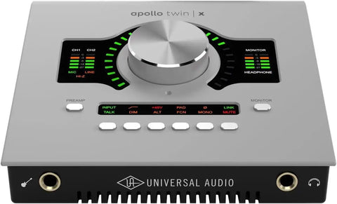 Apollo Twin X Quad Gen 2 Thunderbolt 3 Audio Interface And Sphere LX Modeling Microphone Bundle, front view of interface controls