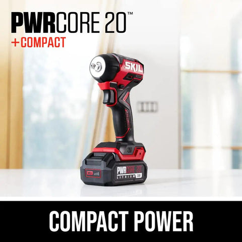 Power Core 20 Brushless 20V Three Eighths Inch Compact Impact Wrench Kit with three speed settings on a table.