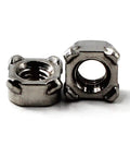 M8 Square Stitch Weld Nuts Bolted Up With Premium 304 Stainless Steel Hella Tough Anti Corrosion Rust Proof Fasteners That Handle Wet Weather Like A Champ Pack Of 30 close-up view of two nuts showing square profile and threaded interior.