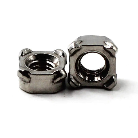 M8 Square Stitch Weld Nuts Bolted Up With Premium 304 Stainless Steel Hella Tough Anti Corrosion Rust Proof Fasteners That Handle Wet Weather Like A Champ Pack Of 30 close-up view of two nuts showing square profile and threaded interior.