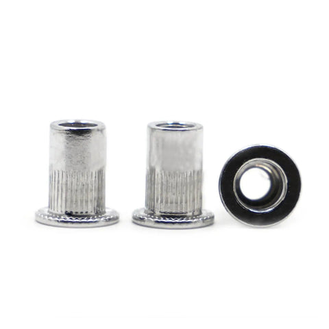 10 Pcs Flat Head Threaded Insert Nuts M3 To M12 Zinc Plated Steel Rivet With Knurled Body For Metal Plates, showing three angles.