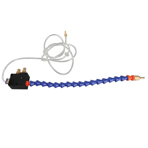 Plug And Play Ready Adjustable Mist Coolant Lubrication Spray Kit For CNC Lathe Milling Rigs showing flexible blue hose and connectors.