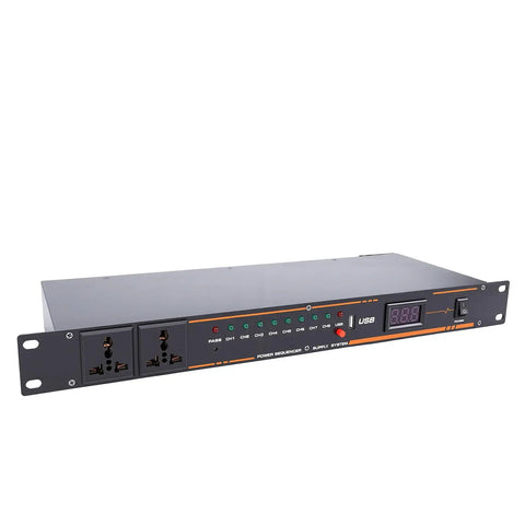Straight Up Workhorse Power Sequencer With Ten Secure Outlets And Clear Digital Voltage Display Built From Heavy Duty Aluminum Alloy For Zero Hassle Rack Installation, front view showing AC sockets and LED display.