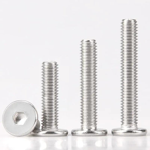 Top Notch 304 Stainless Steel M4x8mm Hex Socket Cap Screws 50 Pack showing flat head and various lengths for auto work.