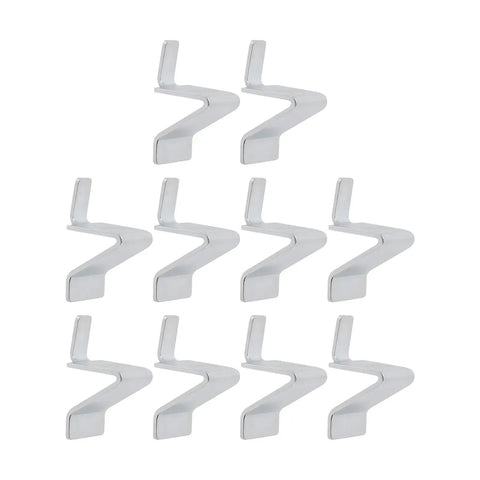 Nine heavy duty steel shelf clips for cabinets and bookshelves, adjustable brackets to secure shelves firmly, durable stainless steel.