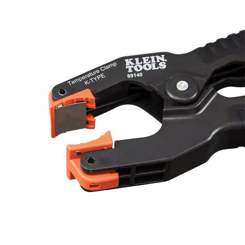 Klein Tools 69140 K-Type pipe temperature clamp thermometer for HVAC; close-up of orange jaws